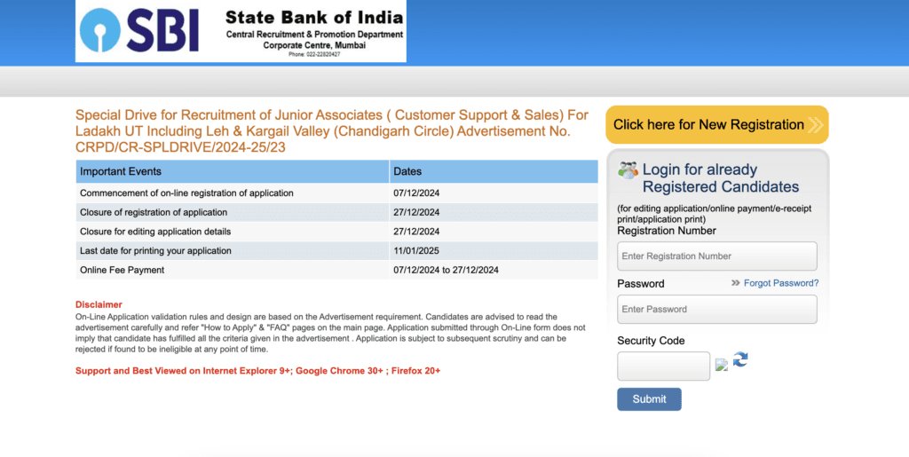SBI Clerk Notification 2024 Ladakh